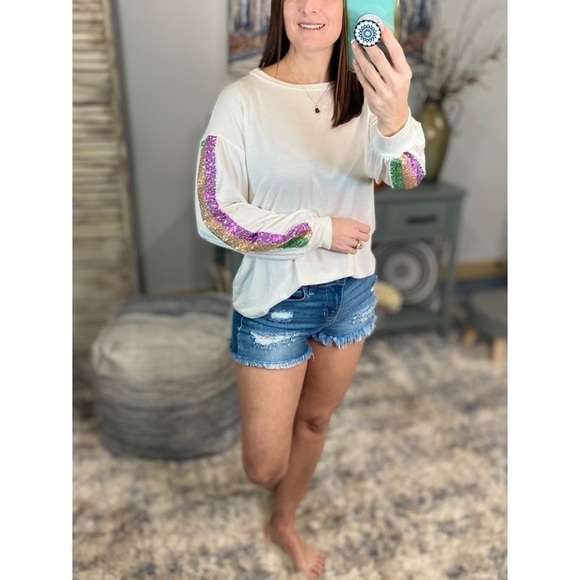 Mardi Gras Striped Sequined Color Block Long Sleeve Purple Green Gold Ivory 0522 - Picture 9 of 10